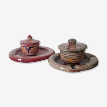 Pots marocains en terre cuite  rose et vert avec couvercle  et coupelles