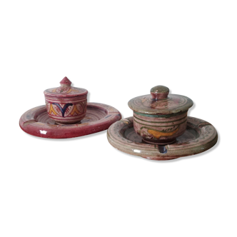 Two Moroccan pots in pink and green terracotta with lid and cups