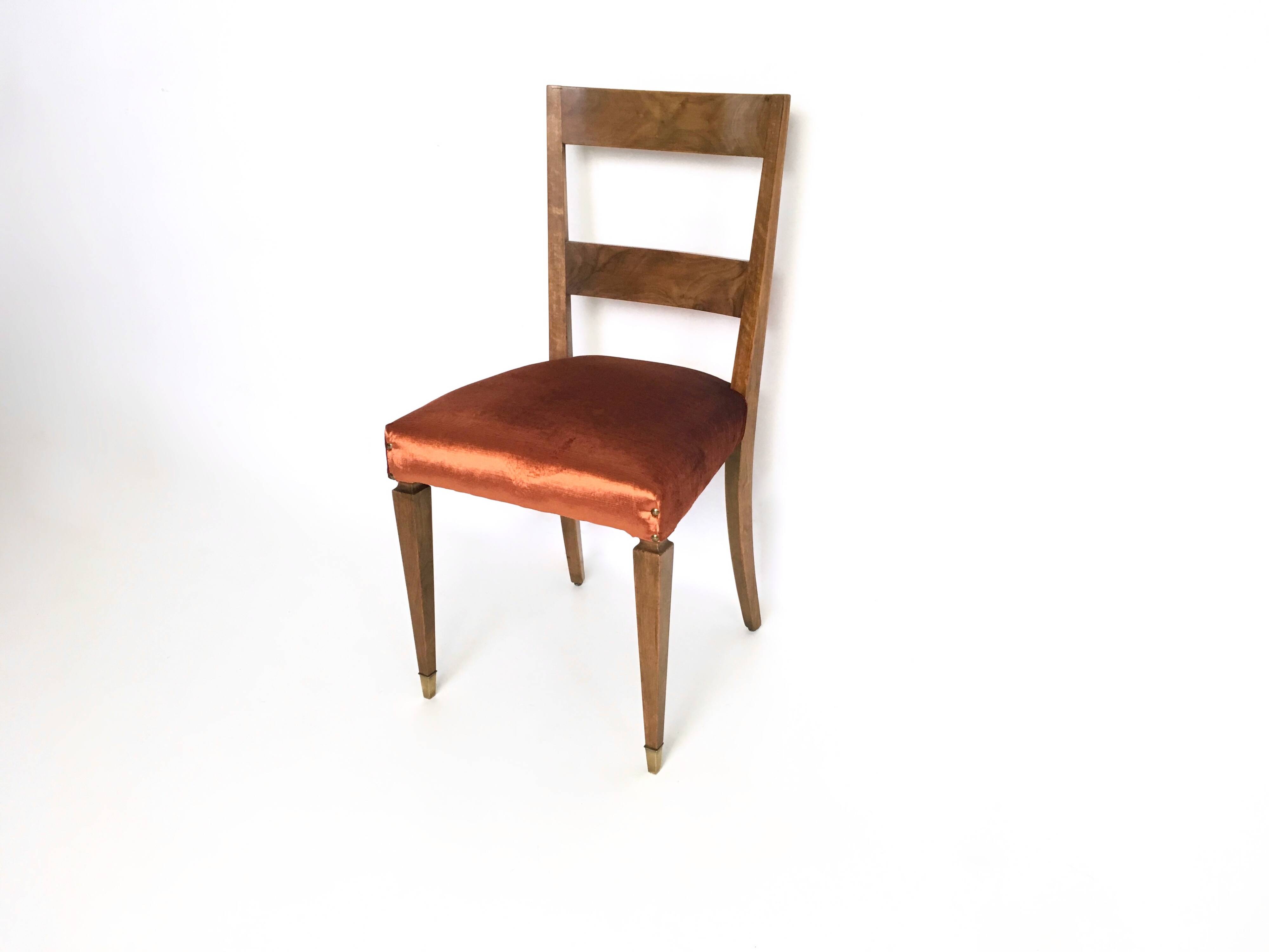Set of Ten Orange Fabric Upholstery and Walnut Dining Chairs, Italy