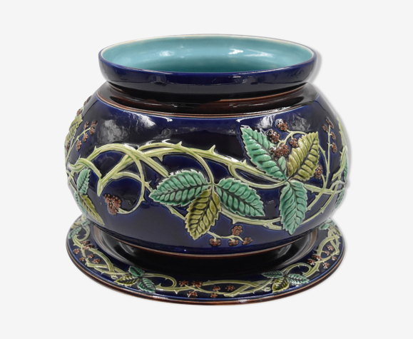 Cache pot decor de muriers en faience majolique Sarreguemines Majolica