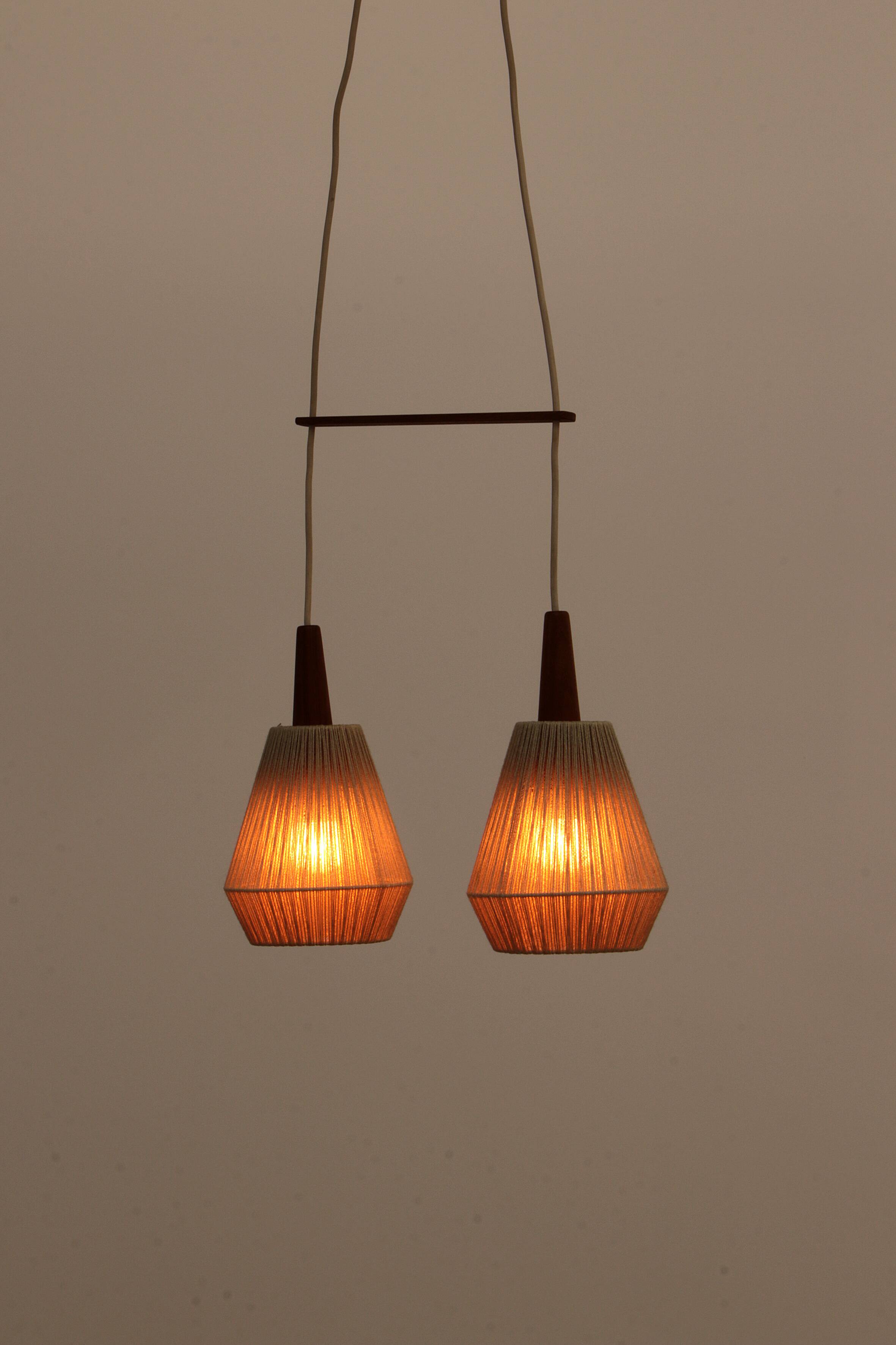 Vintage hanging lamp with two shades and teak, 1960s Sweden
