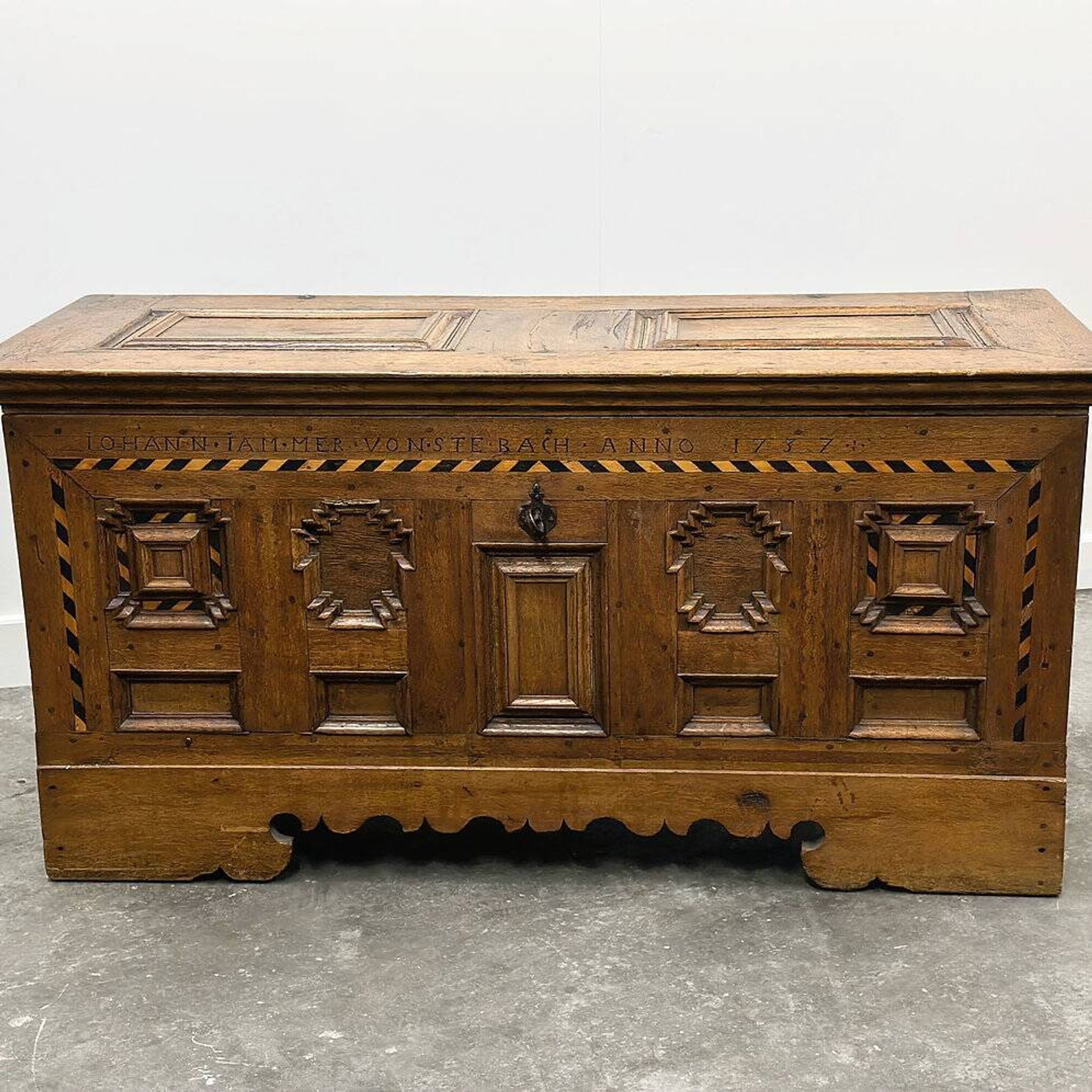 18th century German Baroque travel trunk – dated 1737 – with ebony inlay