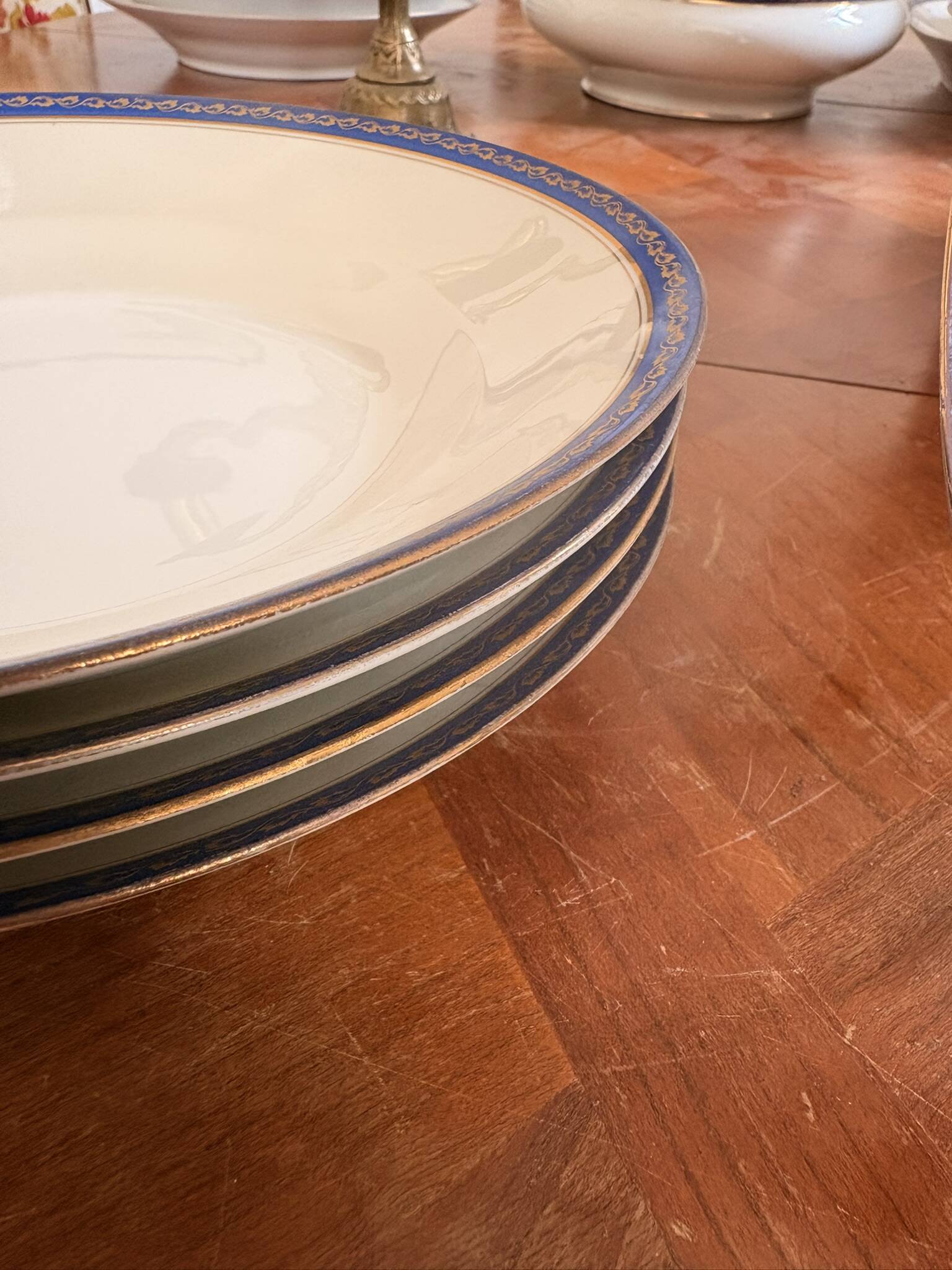 Lot 6 Deep Plates Limoges Porcelain Blue Gold Betoule & Legrand France