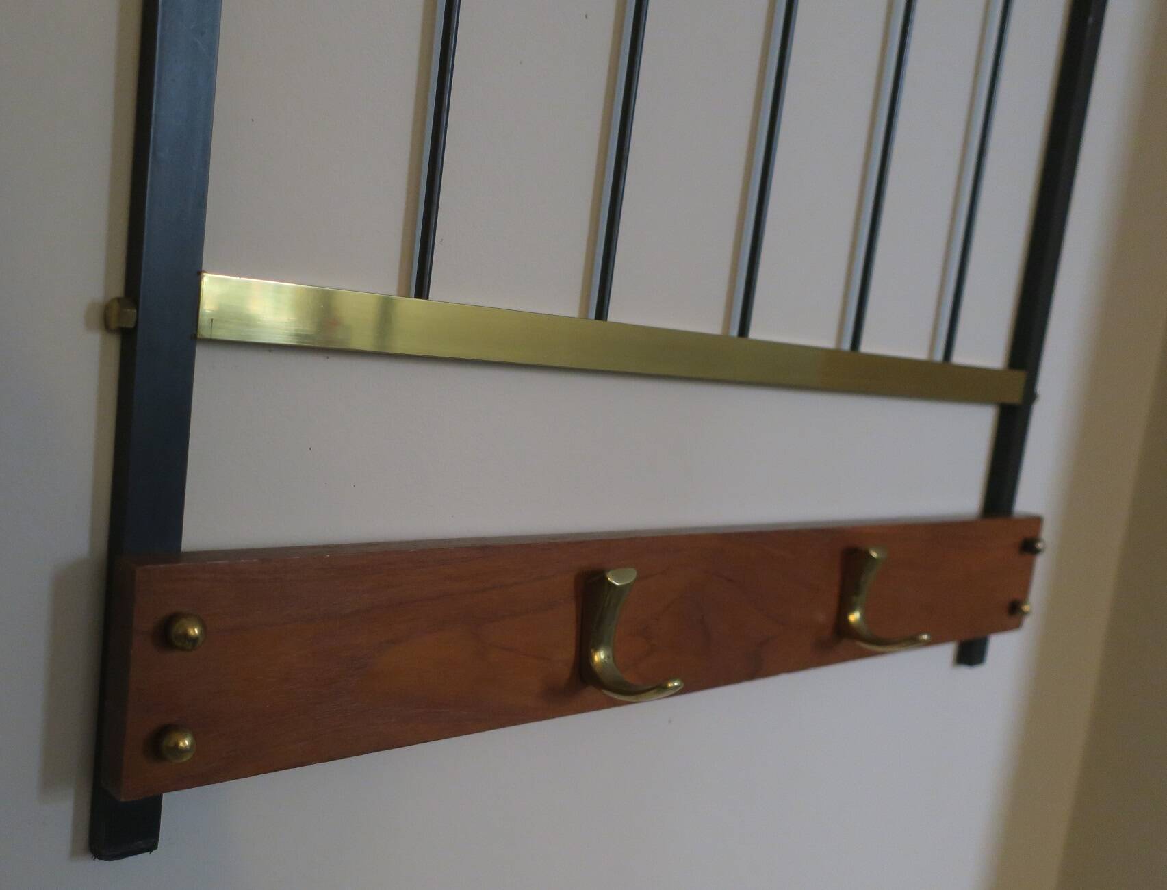 Mid-century brass and teak wall coat rack, 1960s