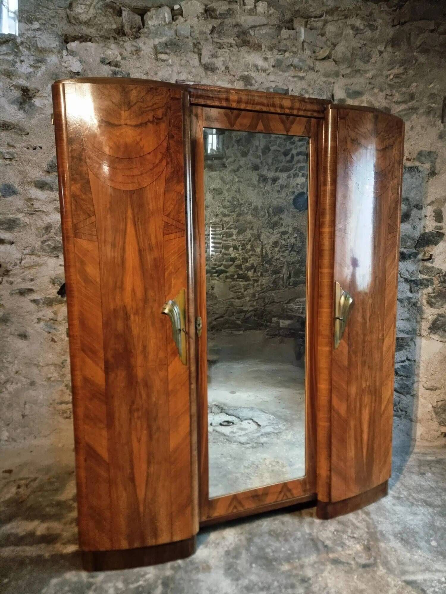 French Art Deco walnut wardrobe with mirror, 1930s