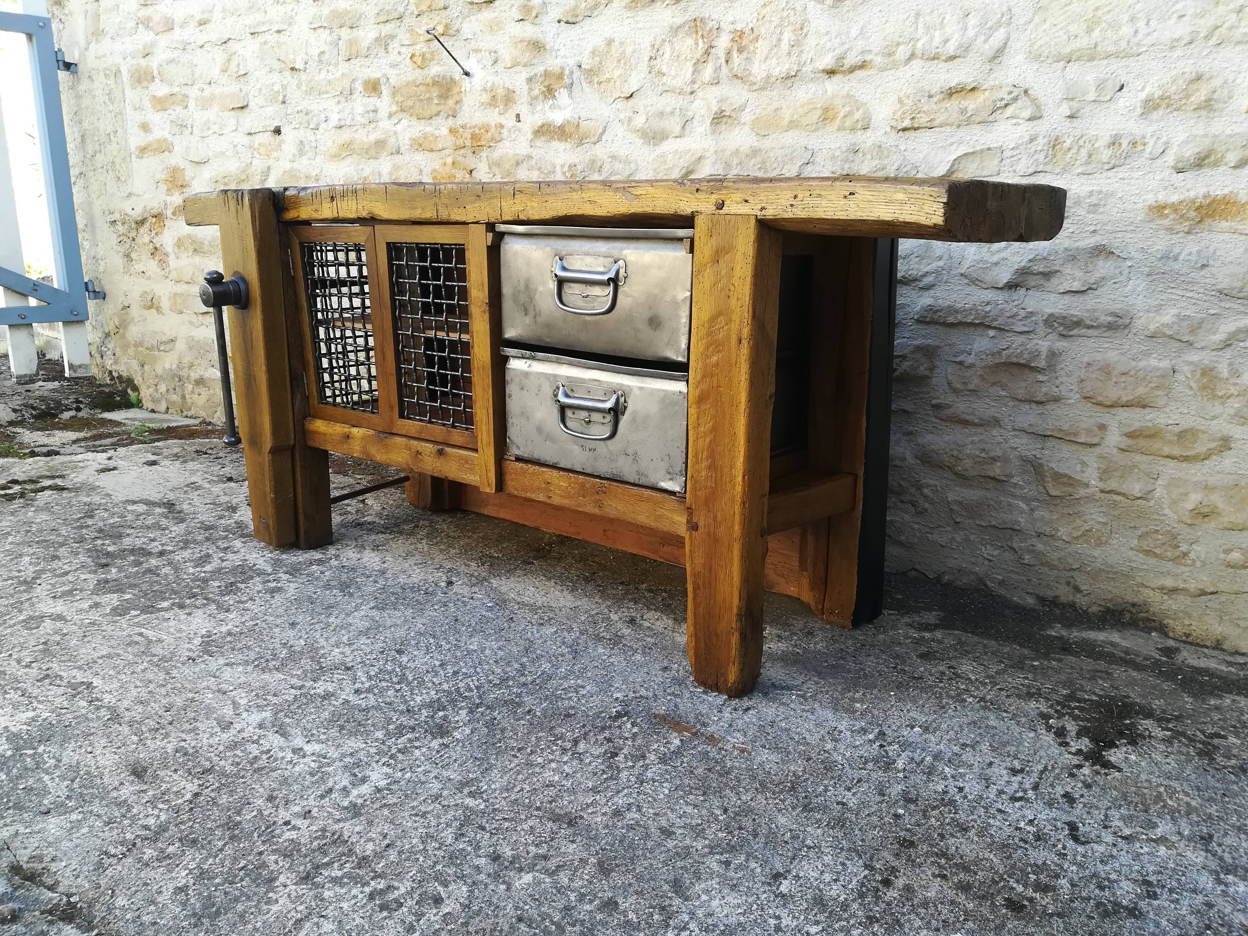 Oak and metal workbench