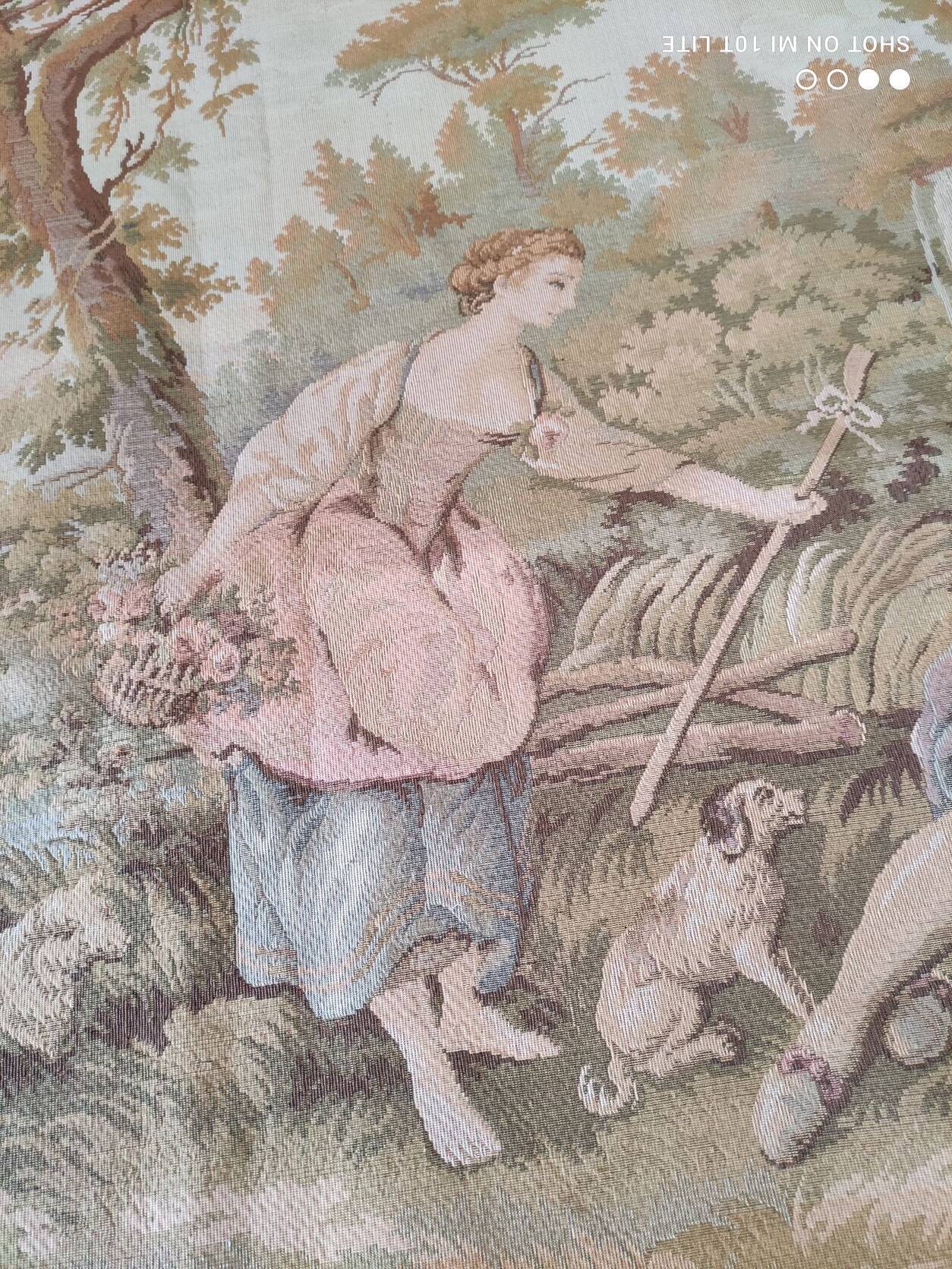Wall tapestry type Gobelins middle 20th country decoration polychrome shepherds, shepherdesses and sheep