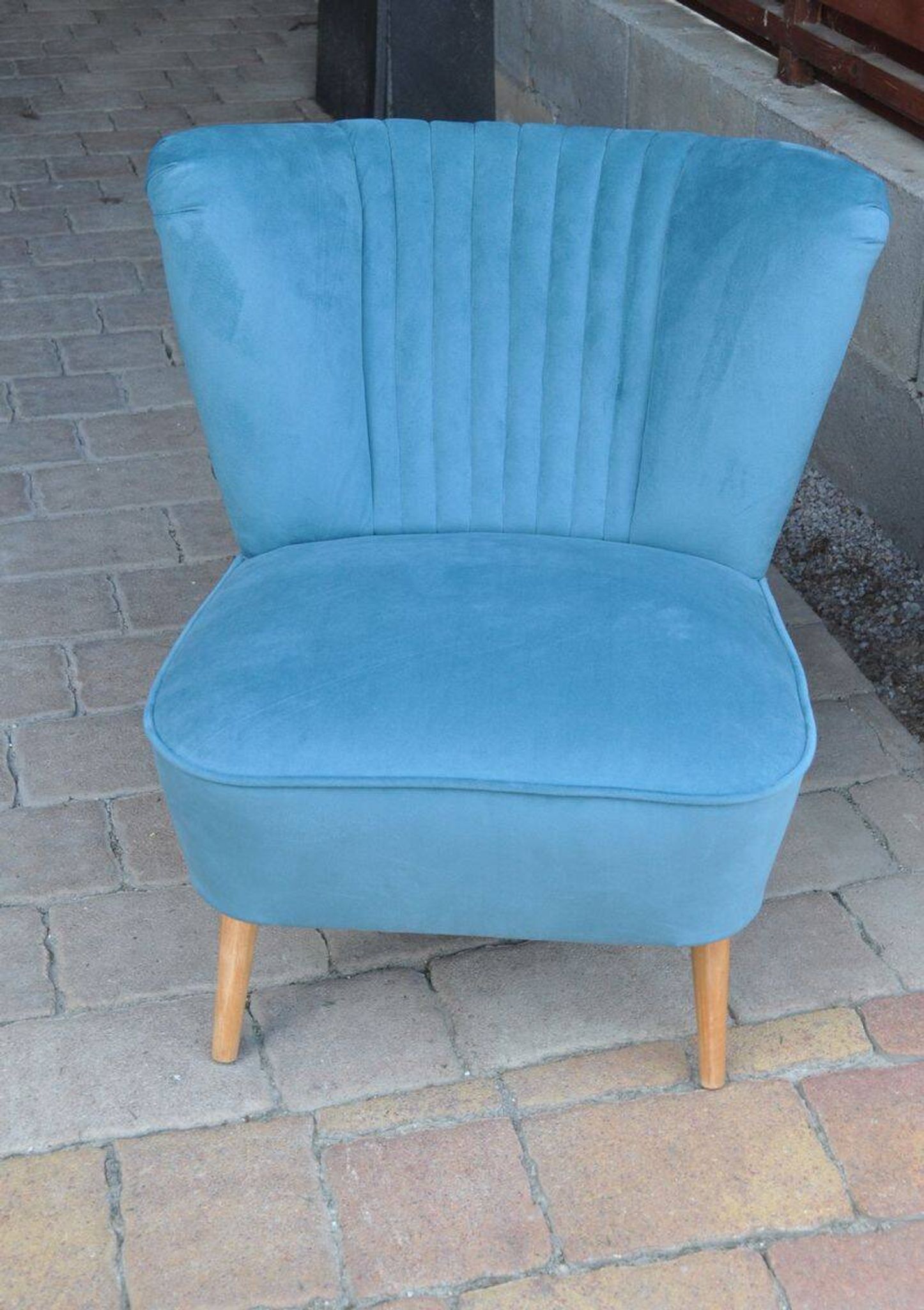 Blue cocktail armchair in beech wood, velvet fabric, Mid-Century design from the 1960s.