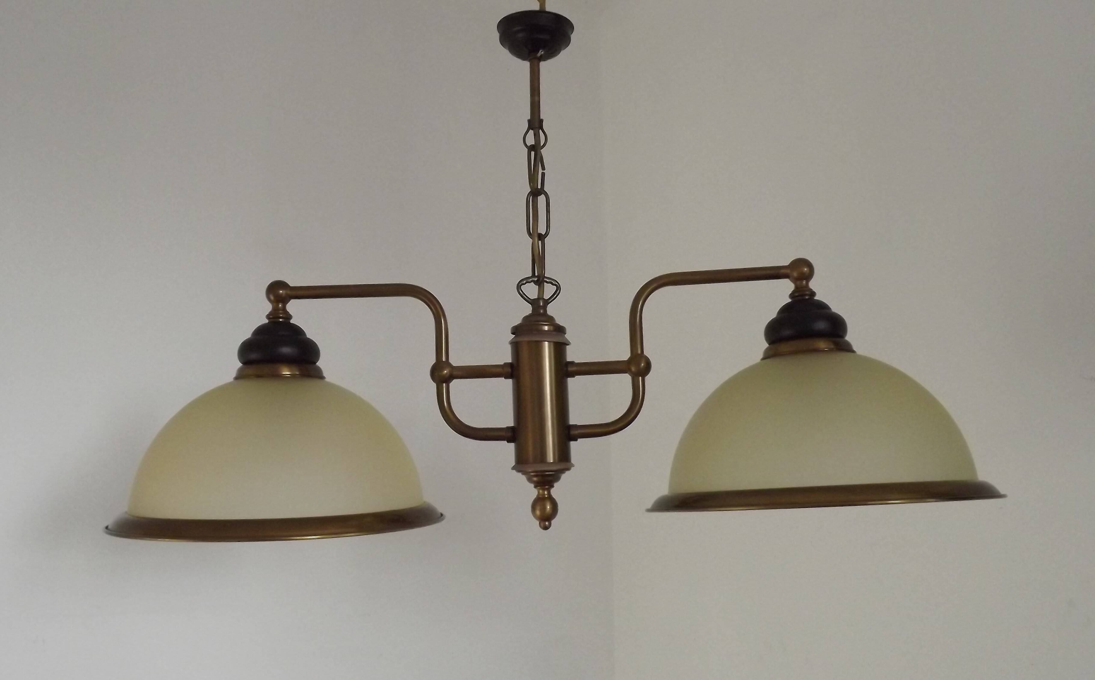 French Mid Century Bronze Effect Metal Double Billiard Light Glass Shades