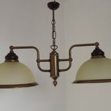 French Mid Century Bronze Effect Metal Double Billiard Light Glass Shades