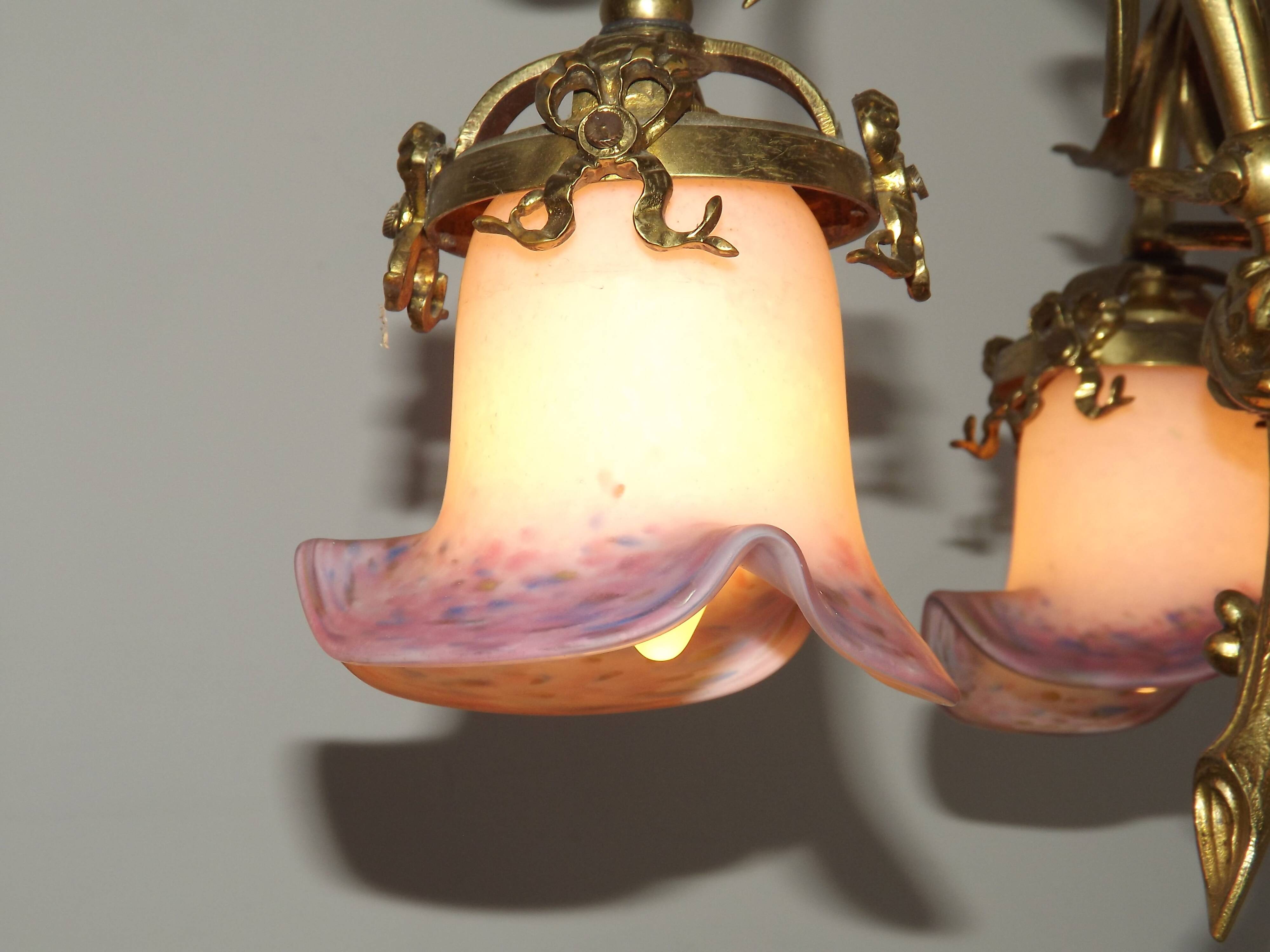 French Antique Late 1800s 3-Light Gilt Bronze Chandelier Art Glass Shades 5089
