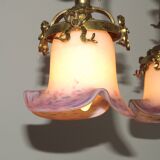 Lustre à 3 lumières en bronze doré, abat-jour en verre d'art 5089