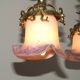 French Antique Late 1800s 3-Light Gilt Bronze Chandelier Art Glass Shades 5089