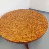 Vintage round dining table from the 60s 70s in solid wood mosaic teak and walnut with extension