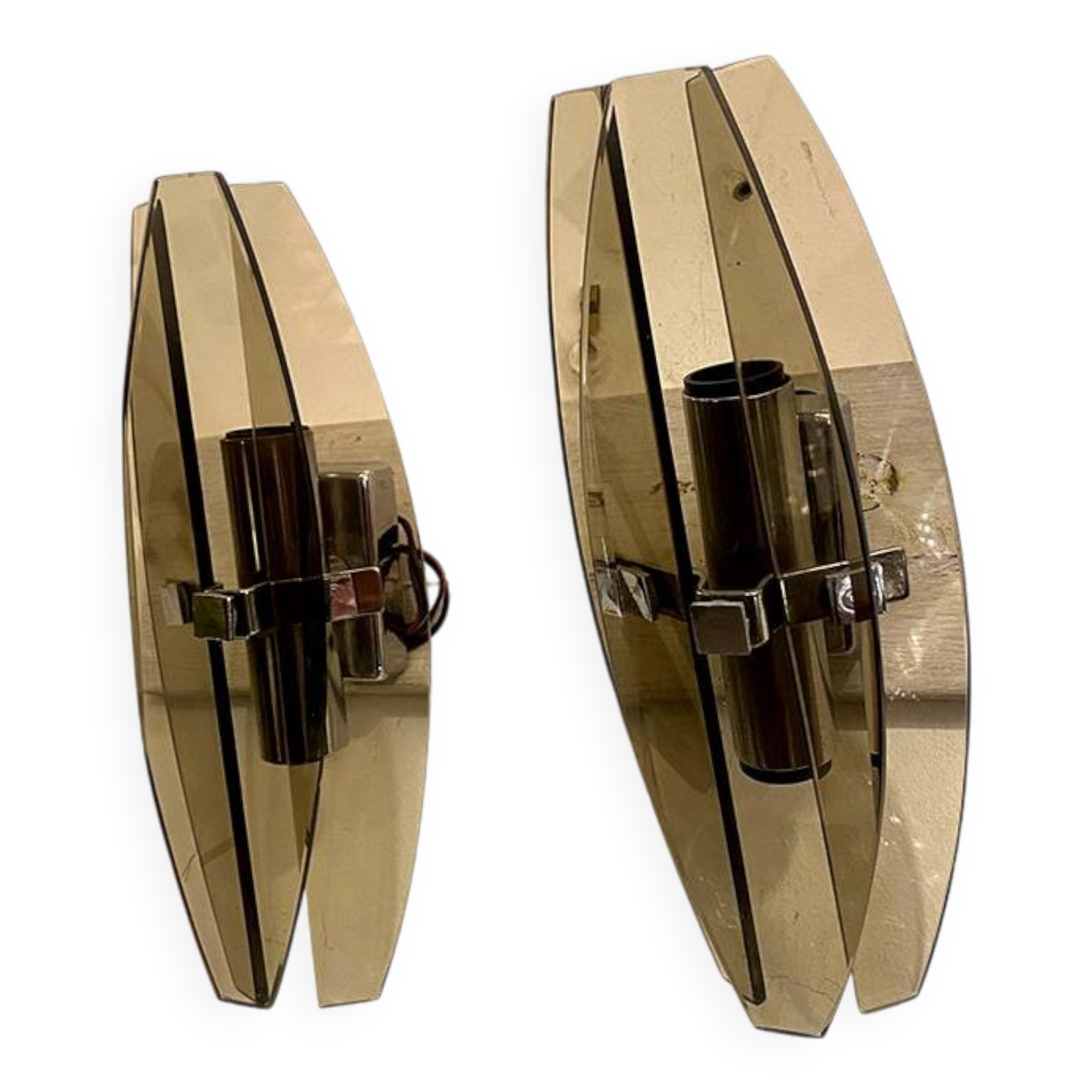 Pair of smoked glass and chrome wall lights, Italy, 1970