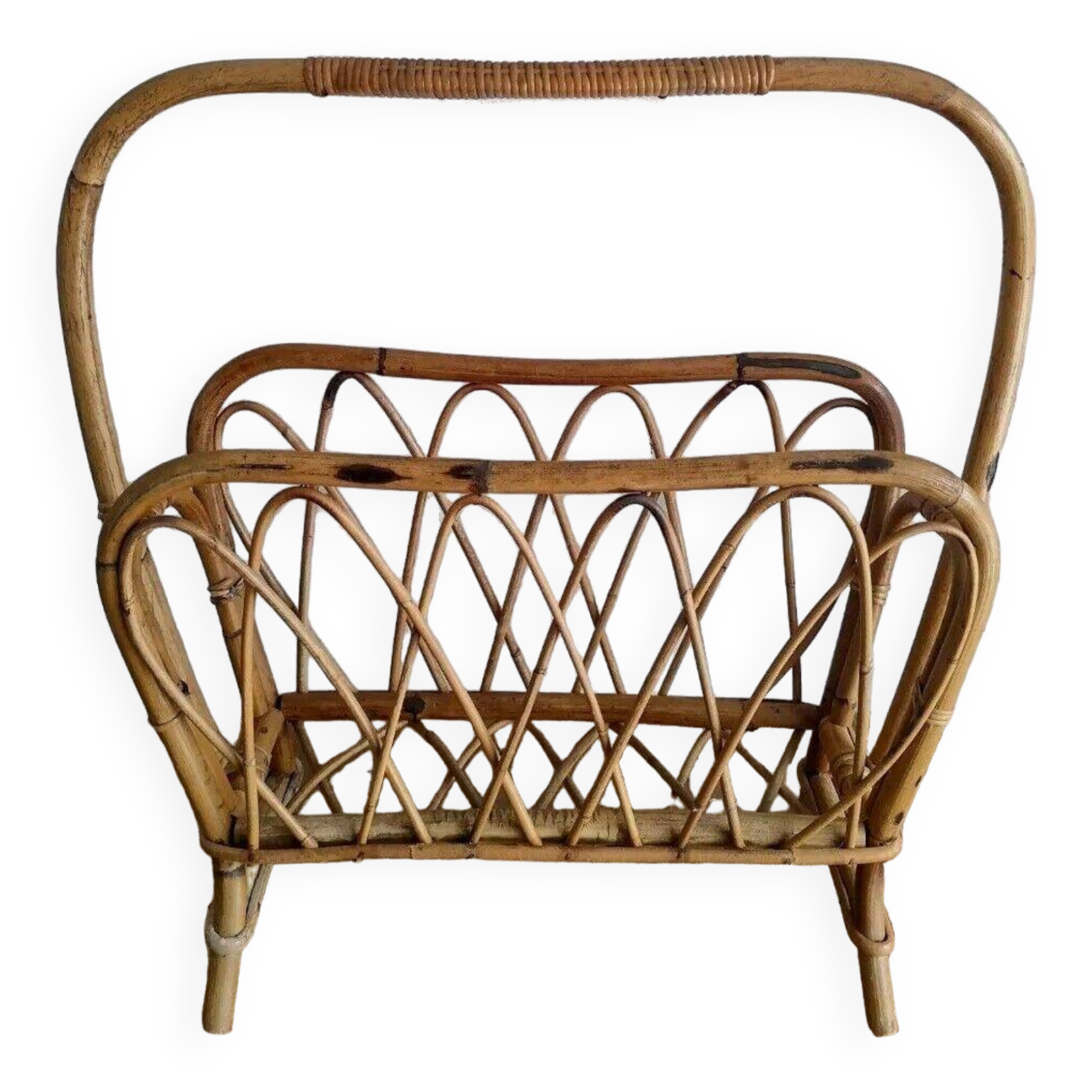 Large Rattan / Wicker Magazine Rack - Curved Shapes - Vintage - Old - 1960s
