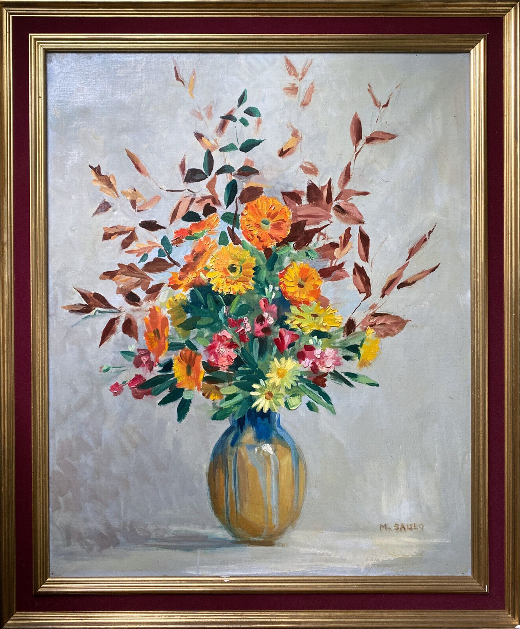 Painting "Flowers in vase" signed M. Saulo, circa 1950 frame