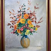 Painting "Flowers in vase" signed M. Saulo, circa 1950 frame