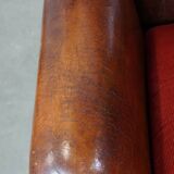 Set of 2 sheep leather wingback chairs with red corduroy seat cushions