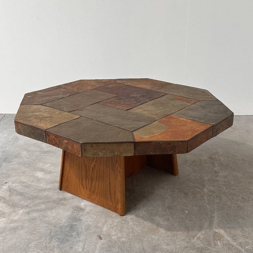 Large vintage slate mosaic coffee table, oak pedestal base, brutalist octagonal