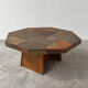 Large vintage slate mosaic coffee table, oak pedestal base, brutalist octagonal