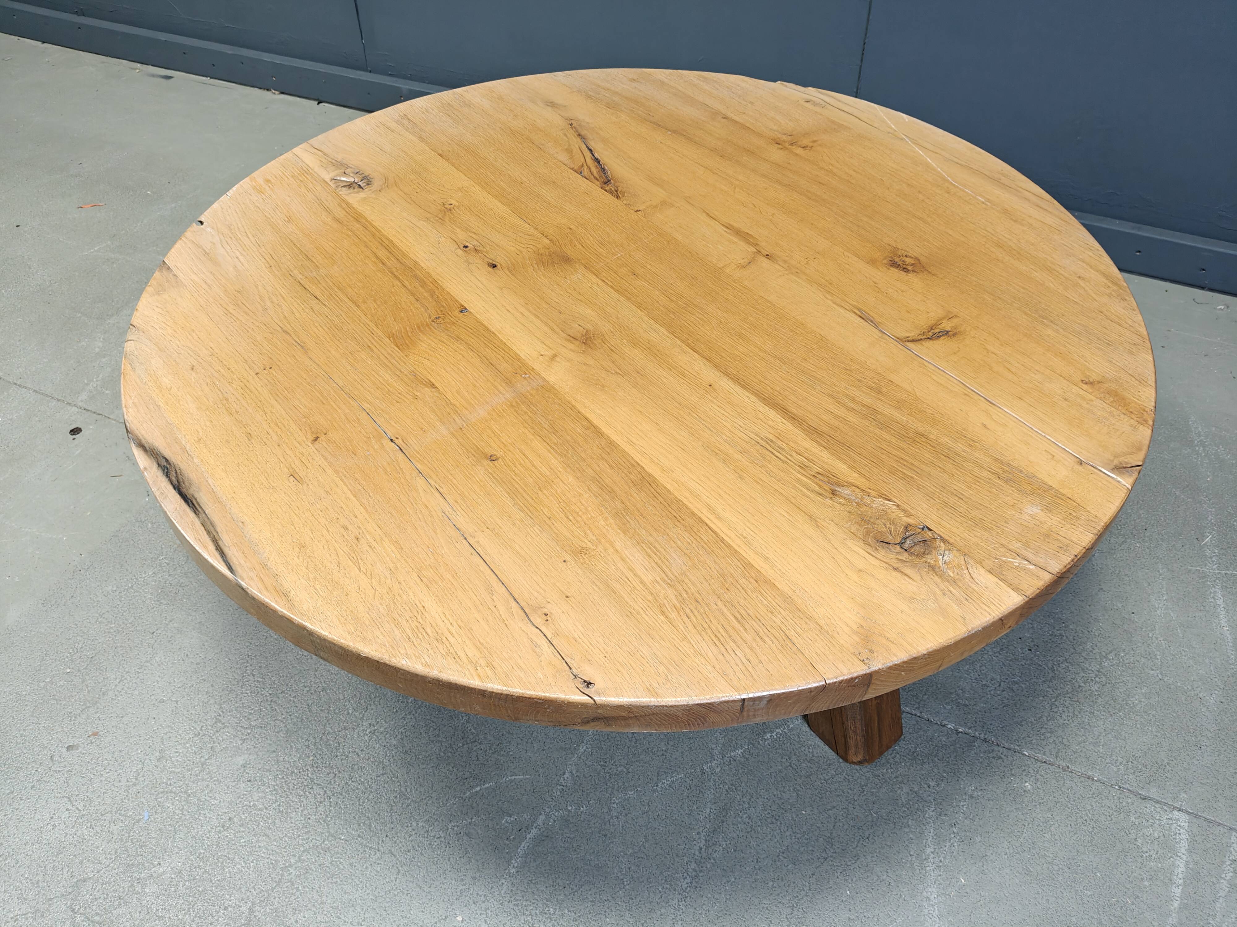 Large tripod round wooden brutalist coffee table, 1960s