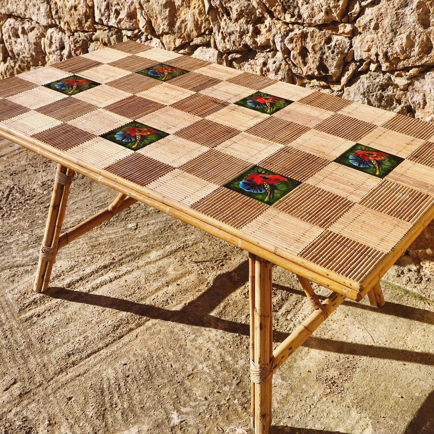 Table in rattan and ceramic 1960