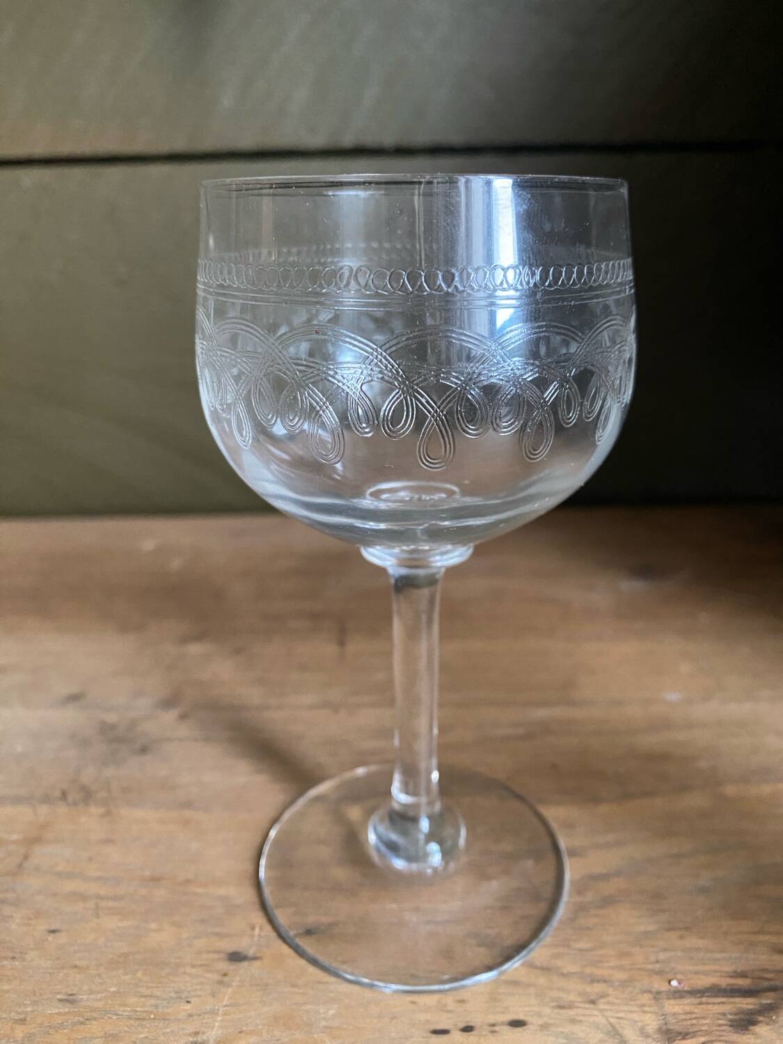 Set of 7 old etched glass stemware