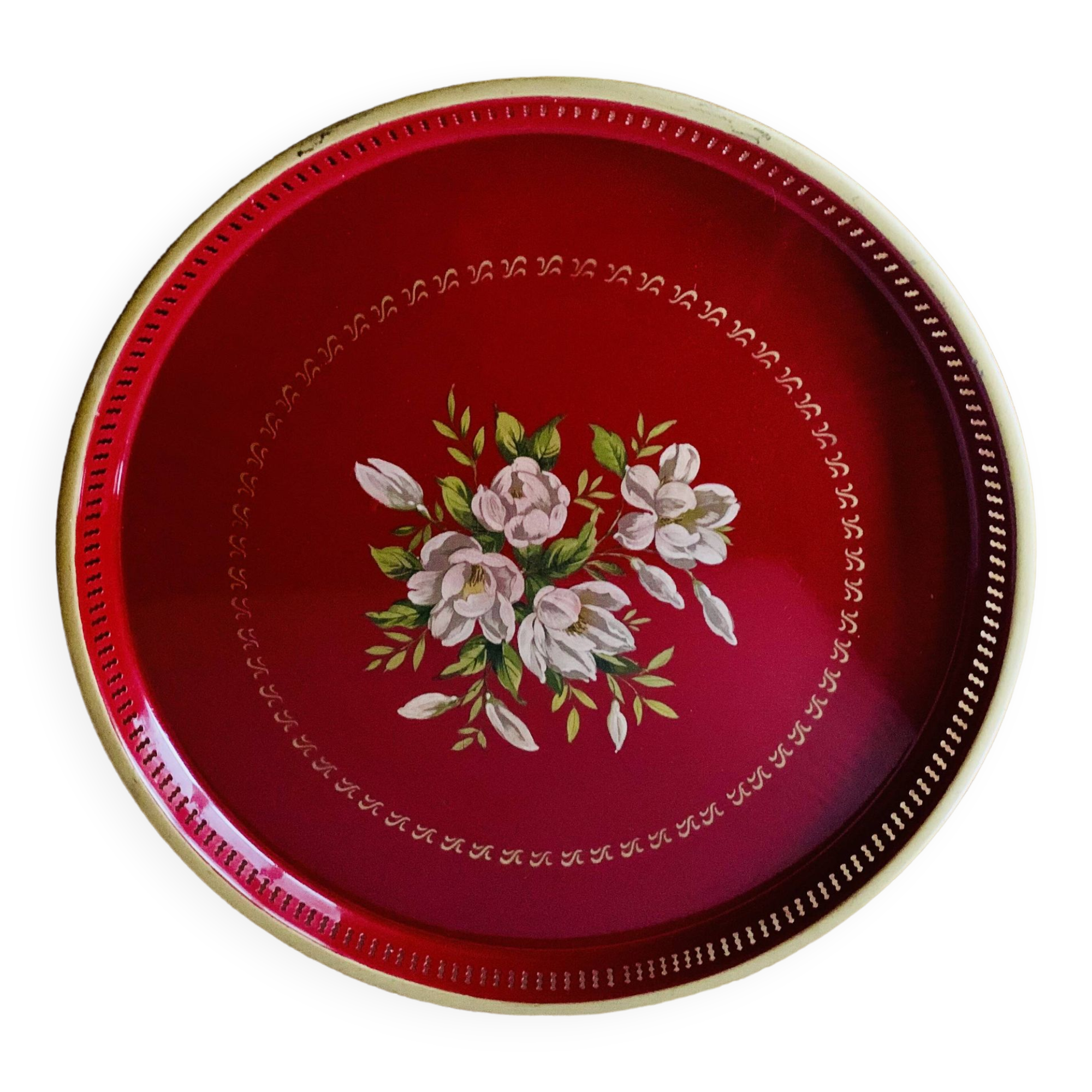 Large red enameled sheet metal tray - floral decoration - Sun Cloud - Made in England