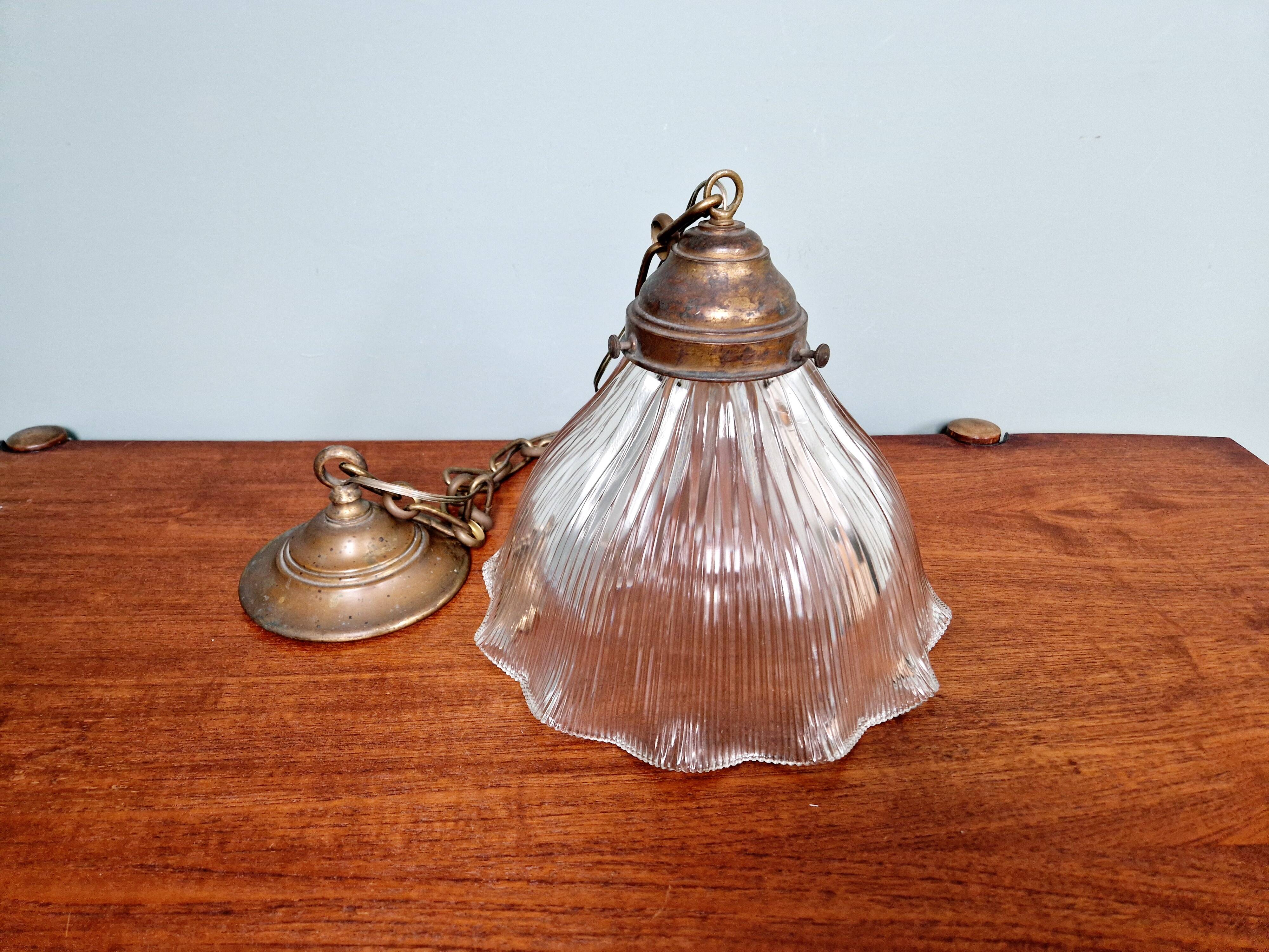 Large Holophane pendant light in transparent grooved glass