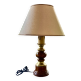 Table lamp with wooden and brass base + lampshade - Height 68 cm