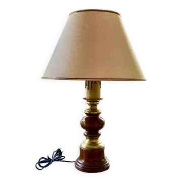 Table lamp with wooden and brass base + lampshade - Height 68 cm