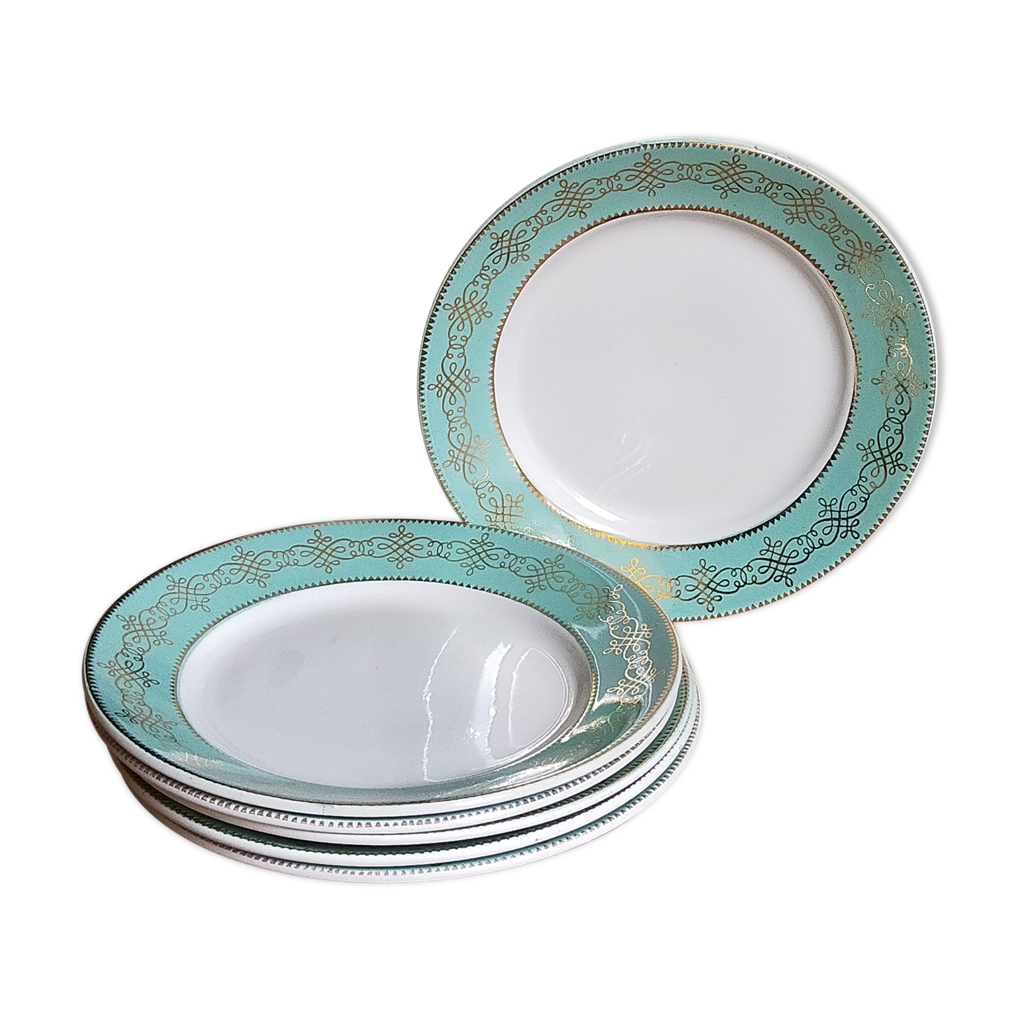 Six plates of vintage Badonviller earthenware with gold frieze