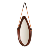Miroir ovale italien des années 1960 en teck courbé, corde et cuir.