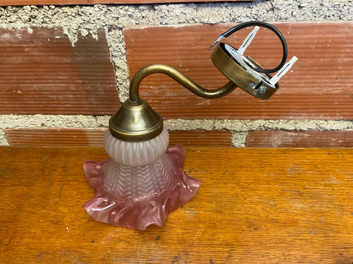 Antique Swan Neck Wall Lamp Gold Metal + Vintage Pink Glass Tulip