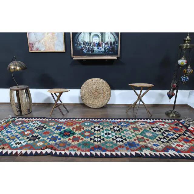 Turkish Vintage Oushak Runner Handwoven Wool Colorful Runner Rug 97x302