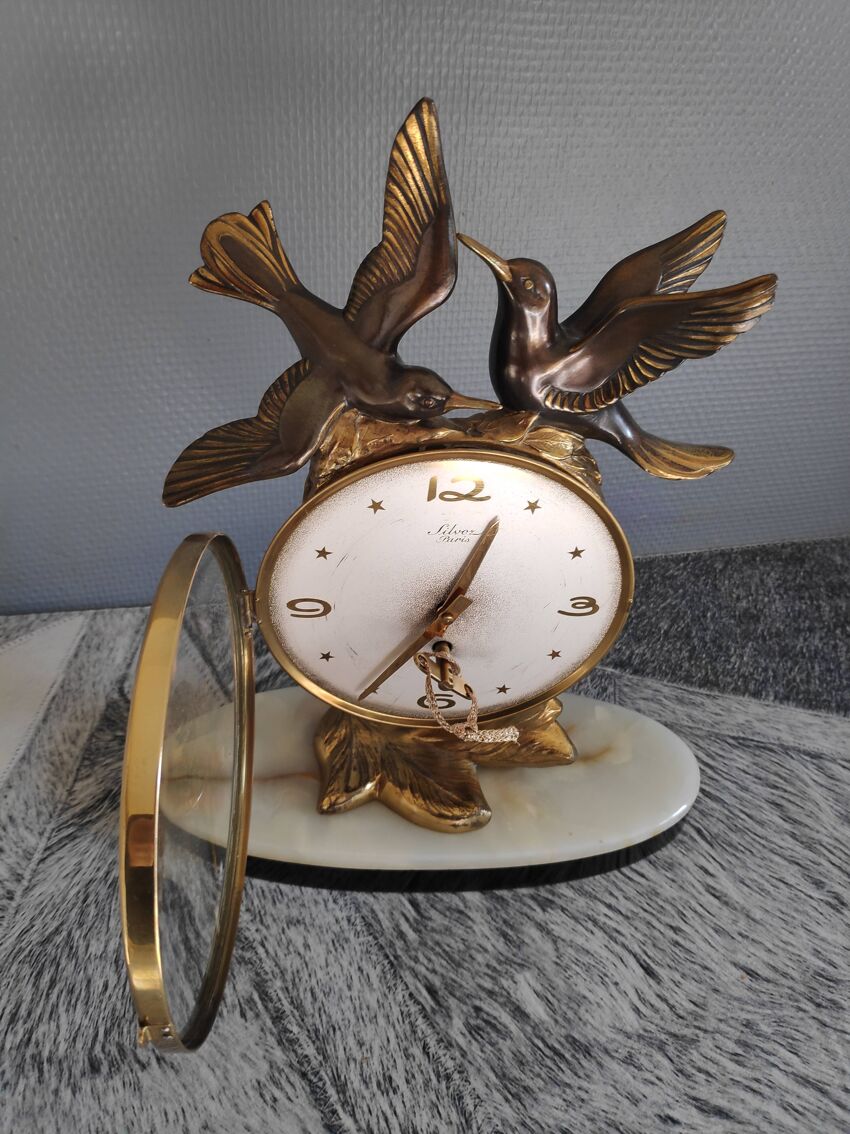 Horloge de cheminée style Art Déco Silvoz, socle en marbre veiné | Selency