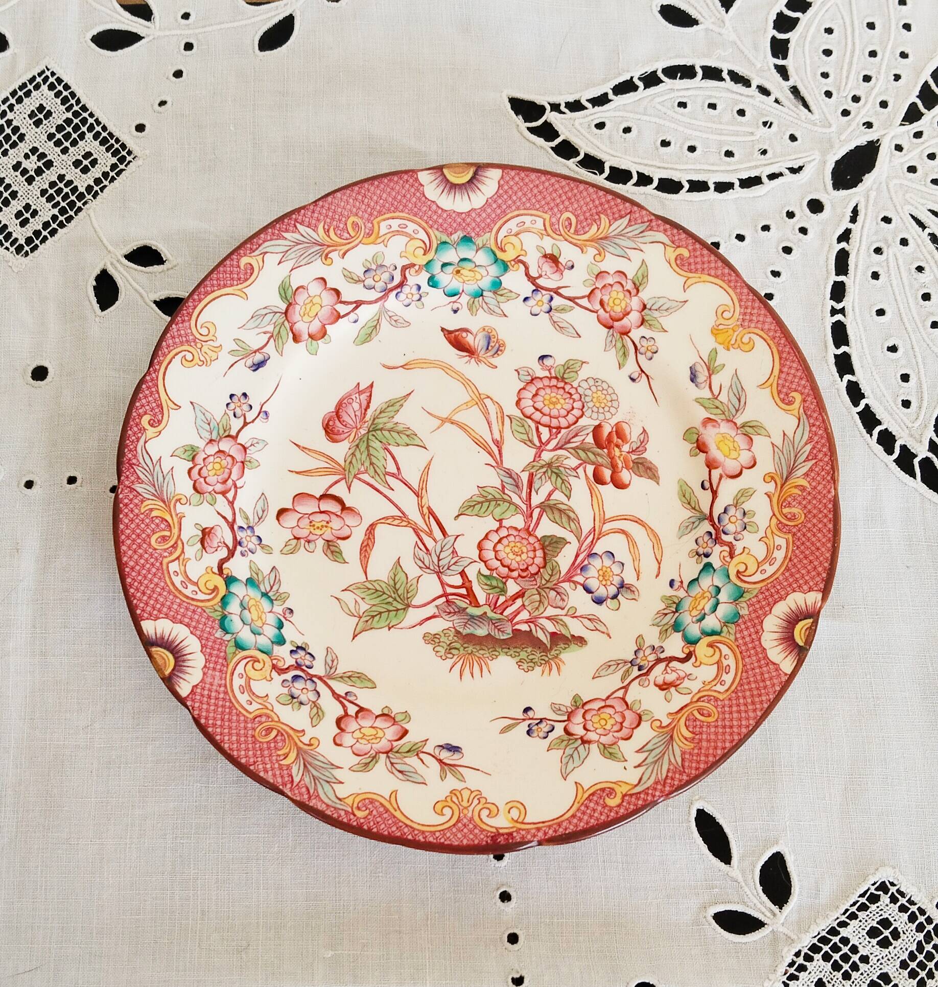 Porcelain dessert plate, Minton Decor 216, pink, Sarreguemines