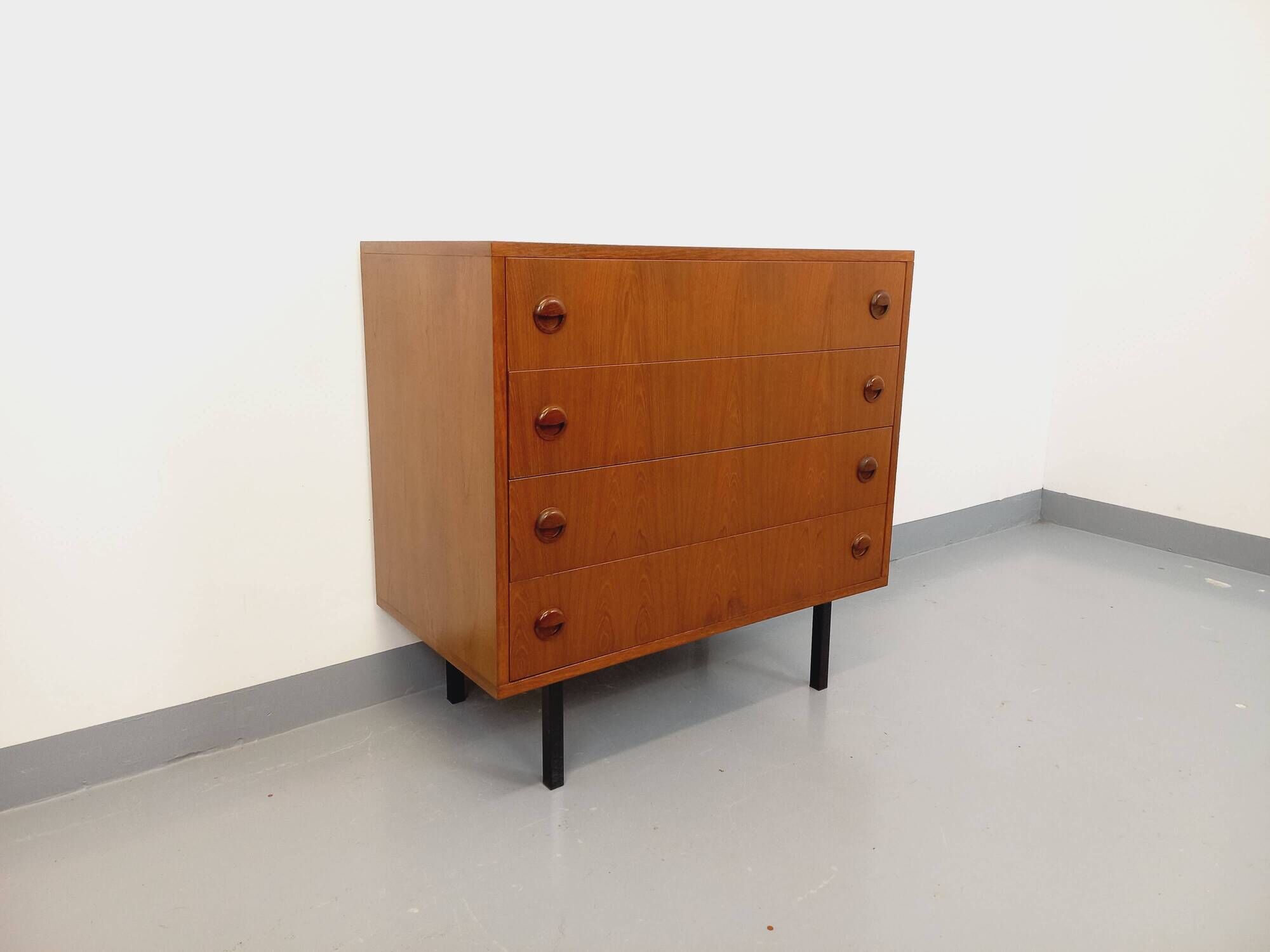 Vintage Scandinavian style chest of drawers in teak and black metal from the 60s