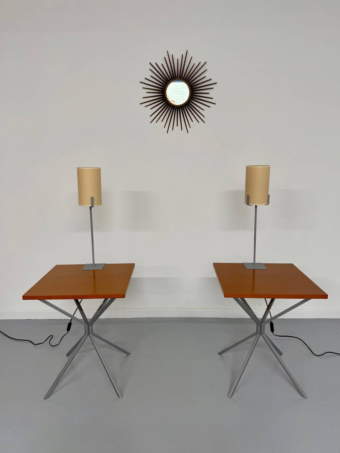 Side table / bedside table with designer lighting, Ligne Roset metal and wood