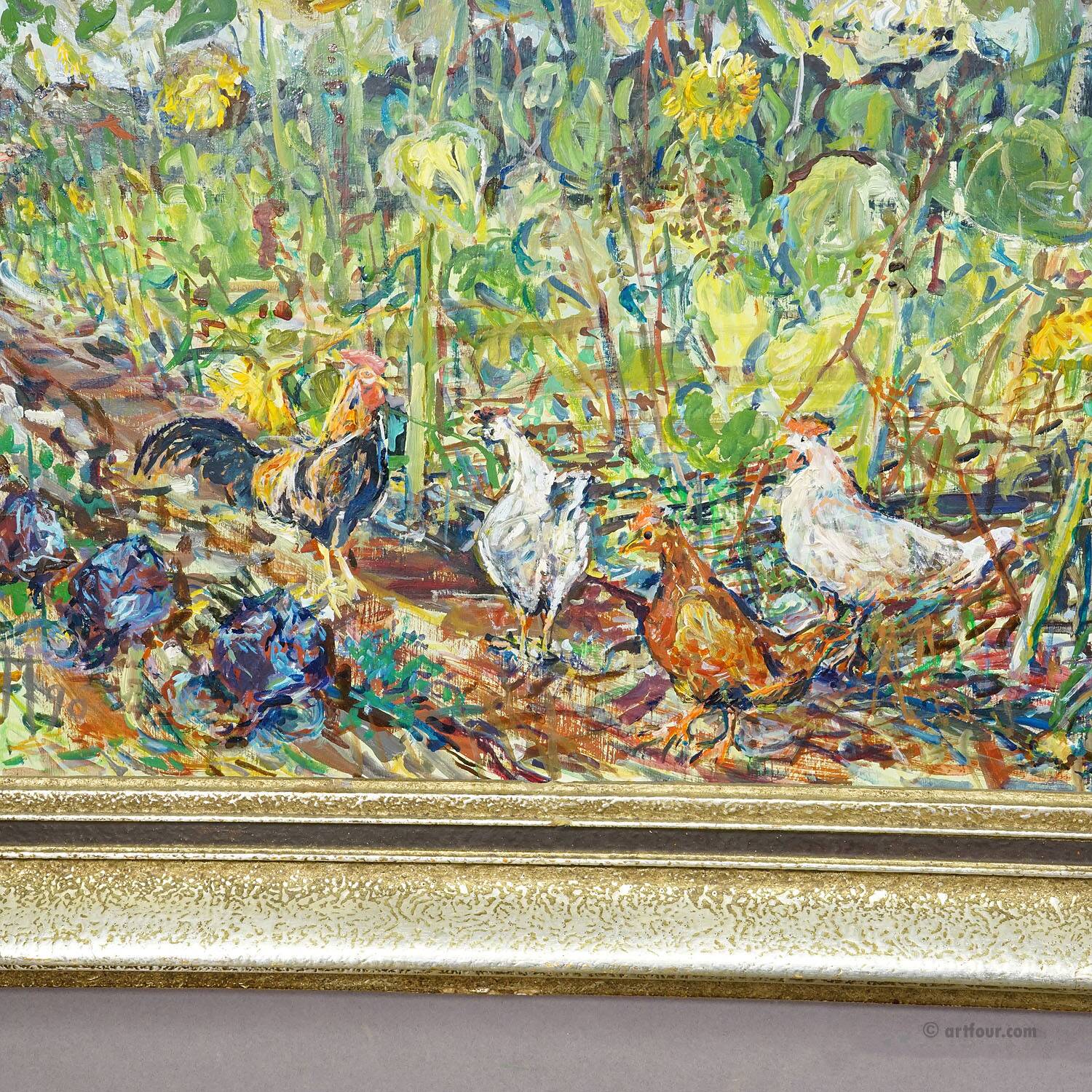 Sunflower field with chickens – original oil painting by Alexander Michael, 1990