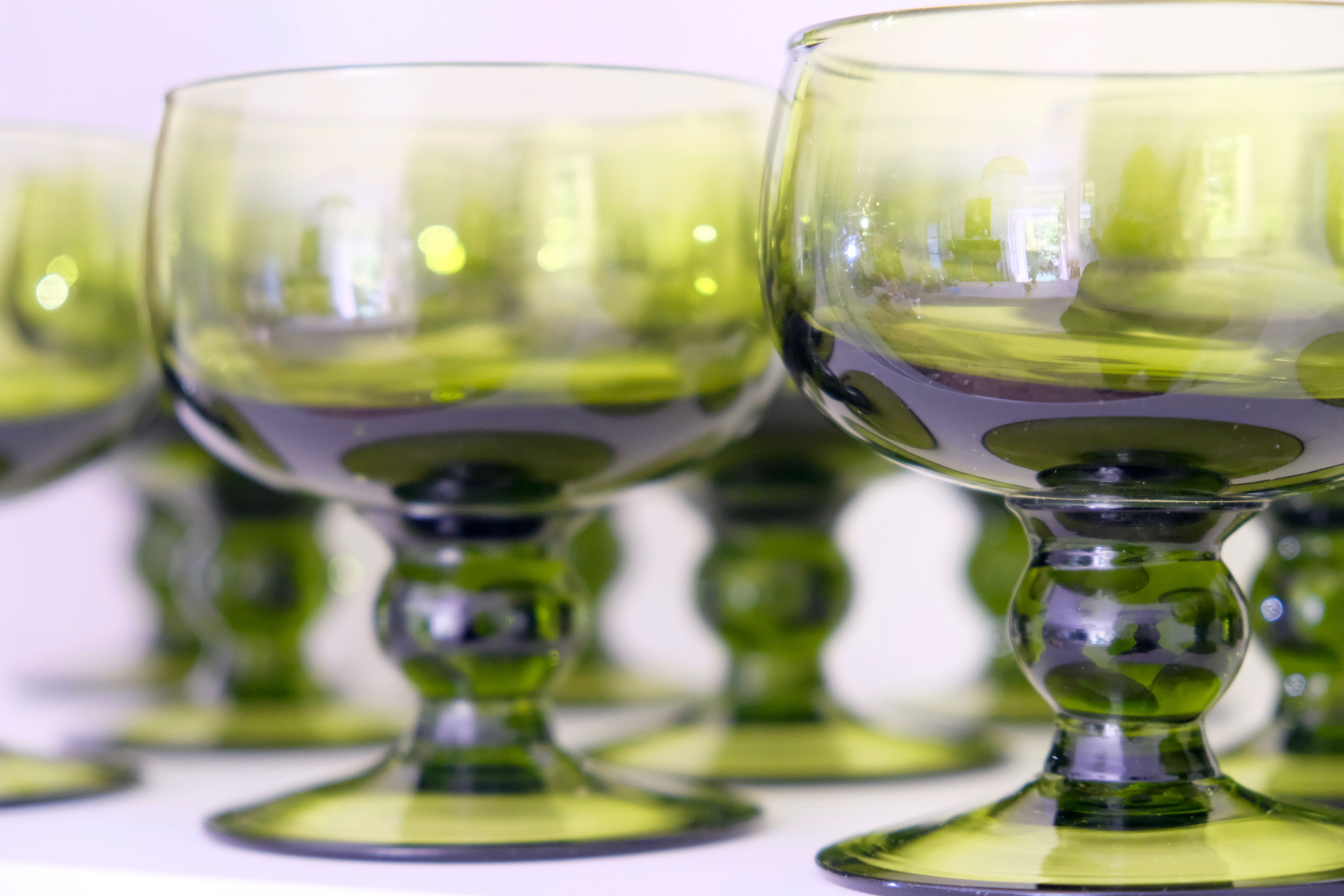 Set of 12 olive green wine glasses, mouth soufflé from the 50s