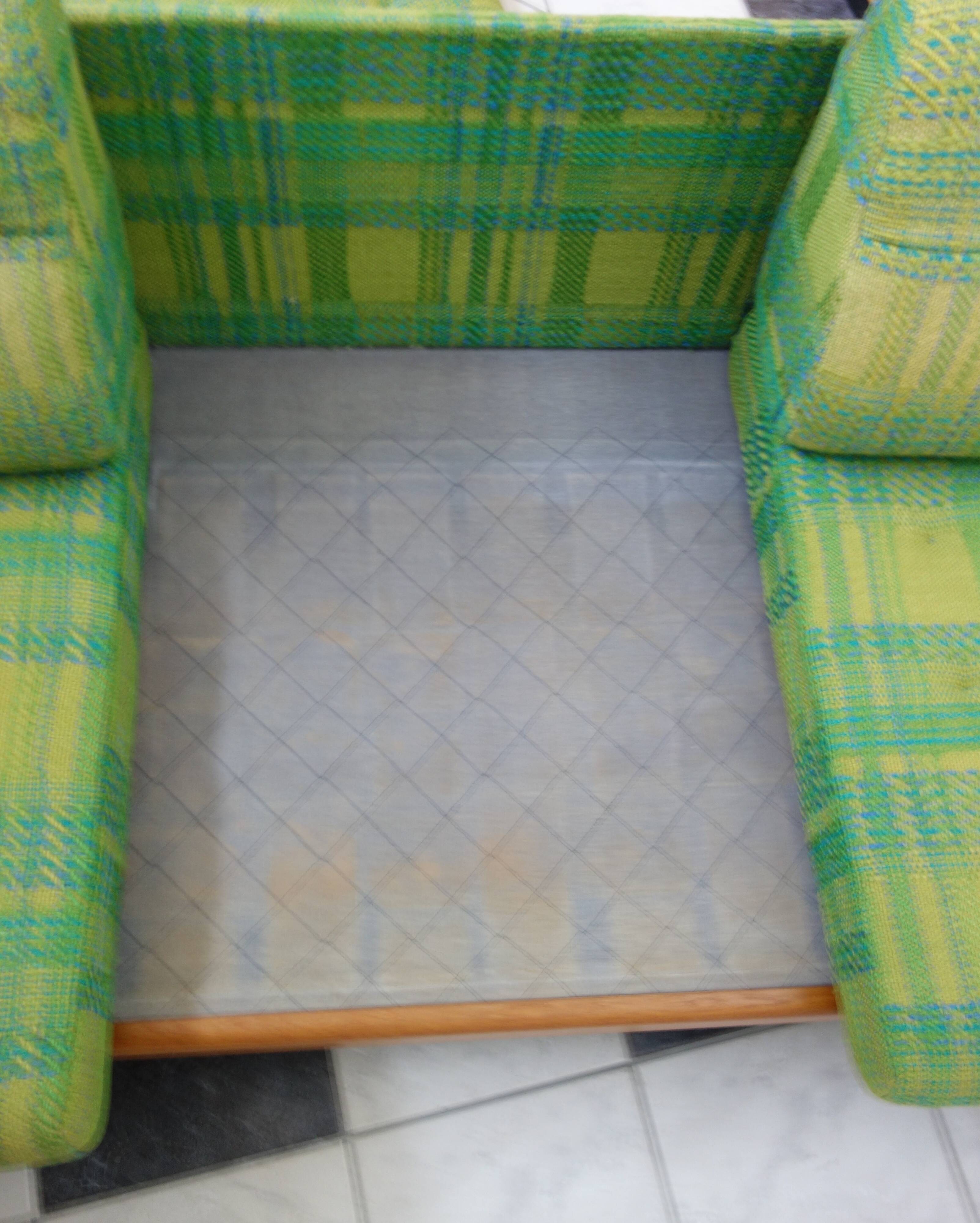 Green three seat sofa Teak frame