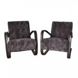 Pair of H 269 armchairs by Jindrich Halabala in wood and faux fur, brown/grey, 1930s