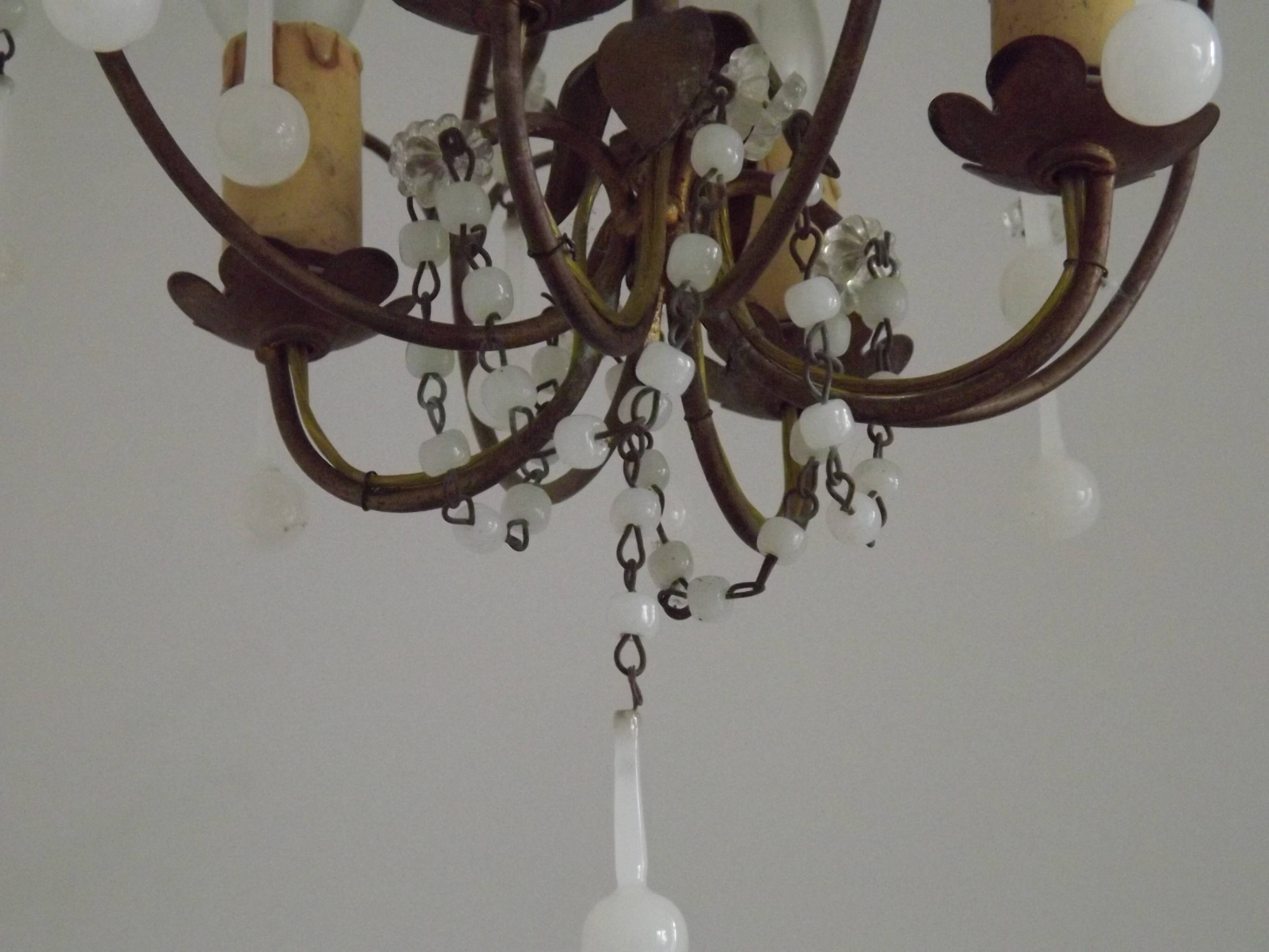 French Vintage 4 Light Metal Cage Chandelier with White Murano Drops and Beads