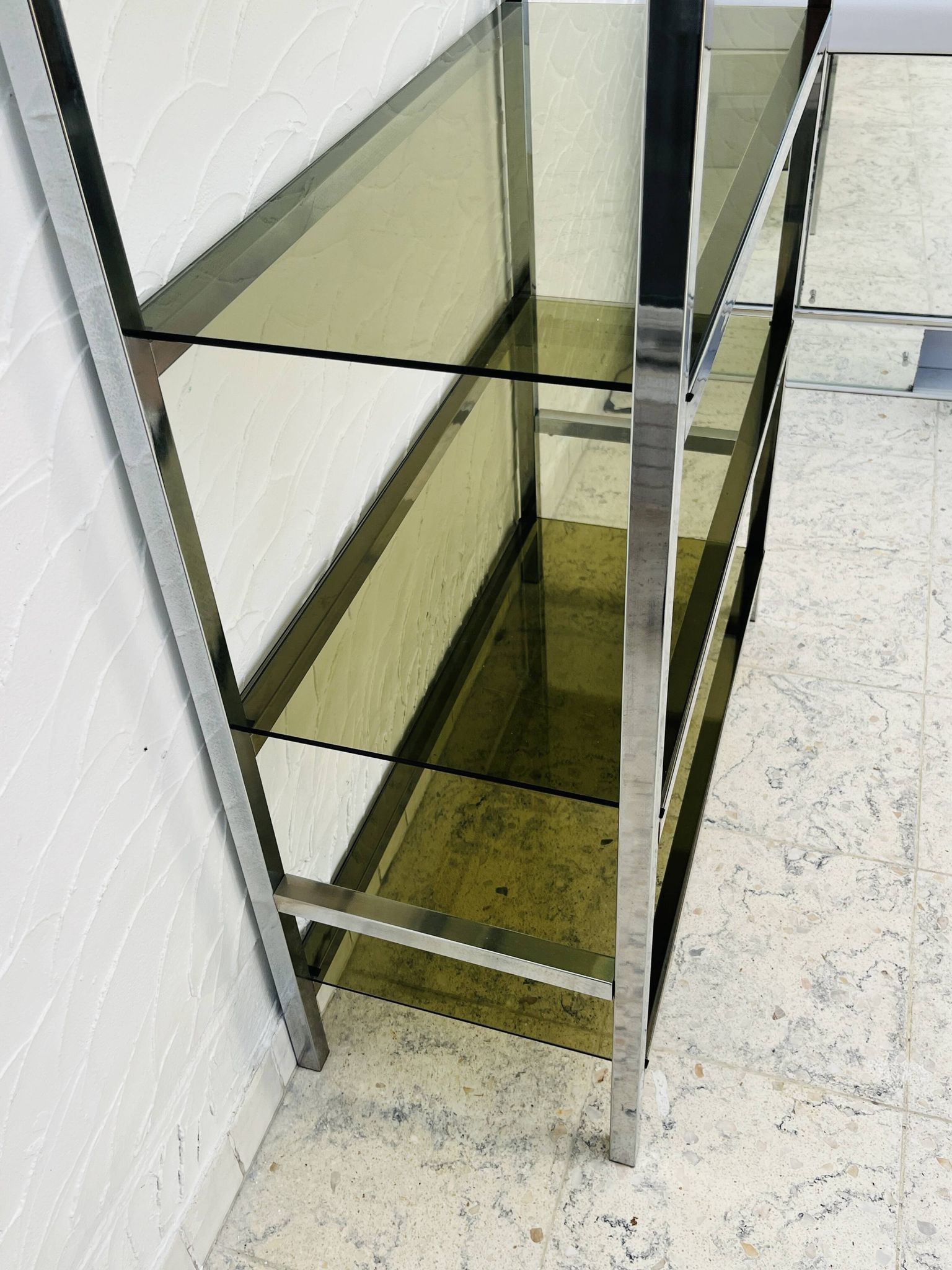 Chrome and smoked glass shelf in Italian 1970s style.