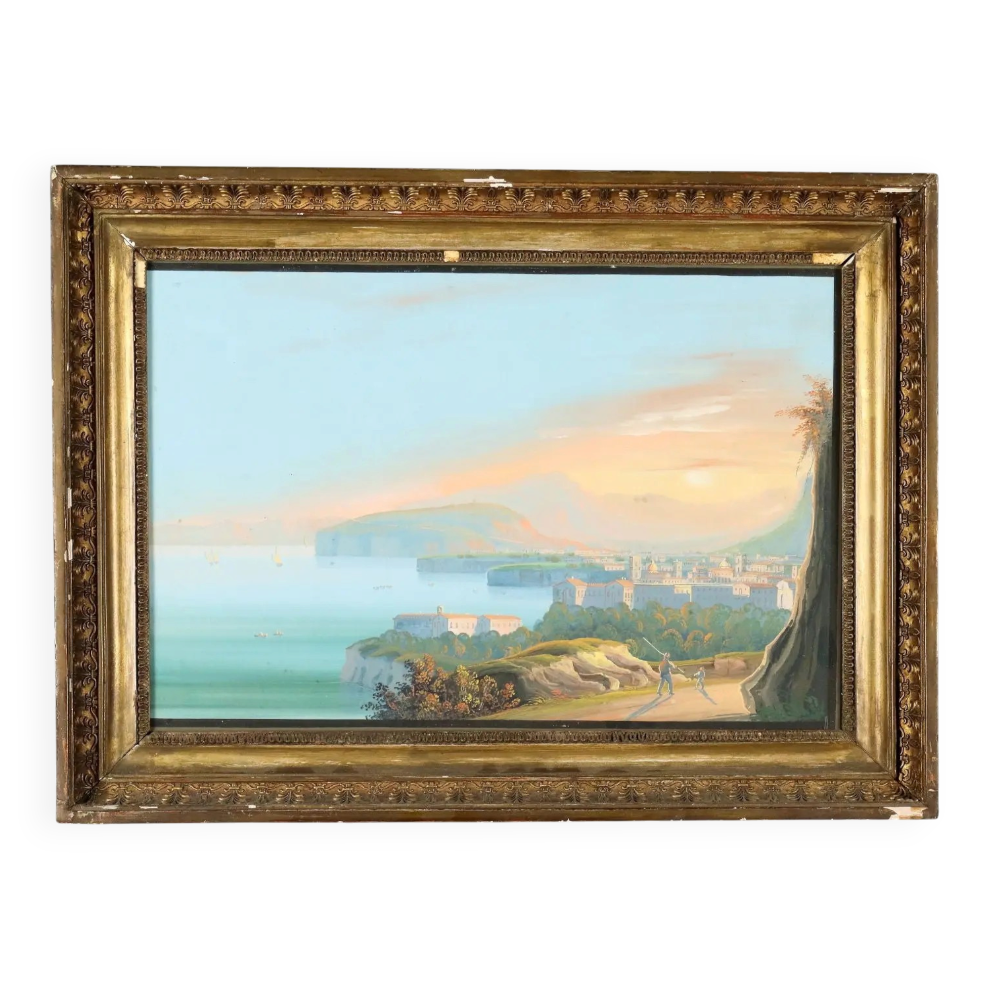 Peinture ancienne gouache avec vue sur Sorrente XIXe siècle