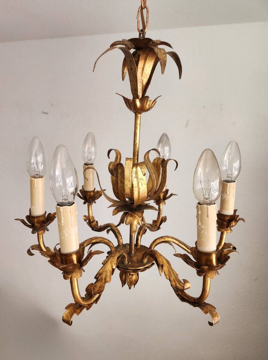 Vintage Hollywood Regency 6 light Chandelier gilded Italy Florence 1950-60