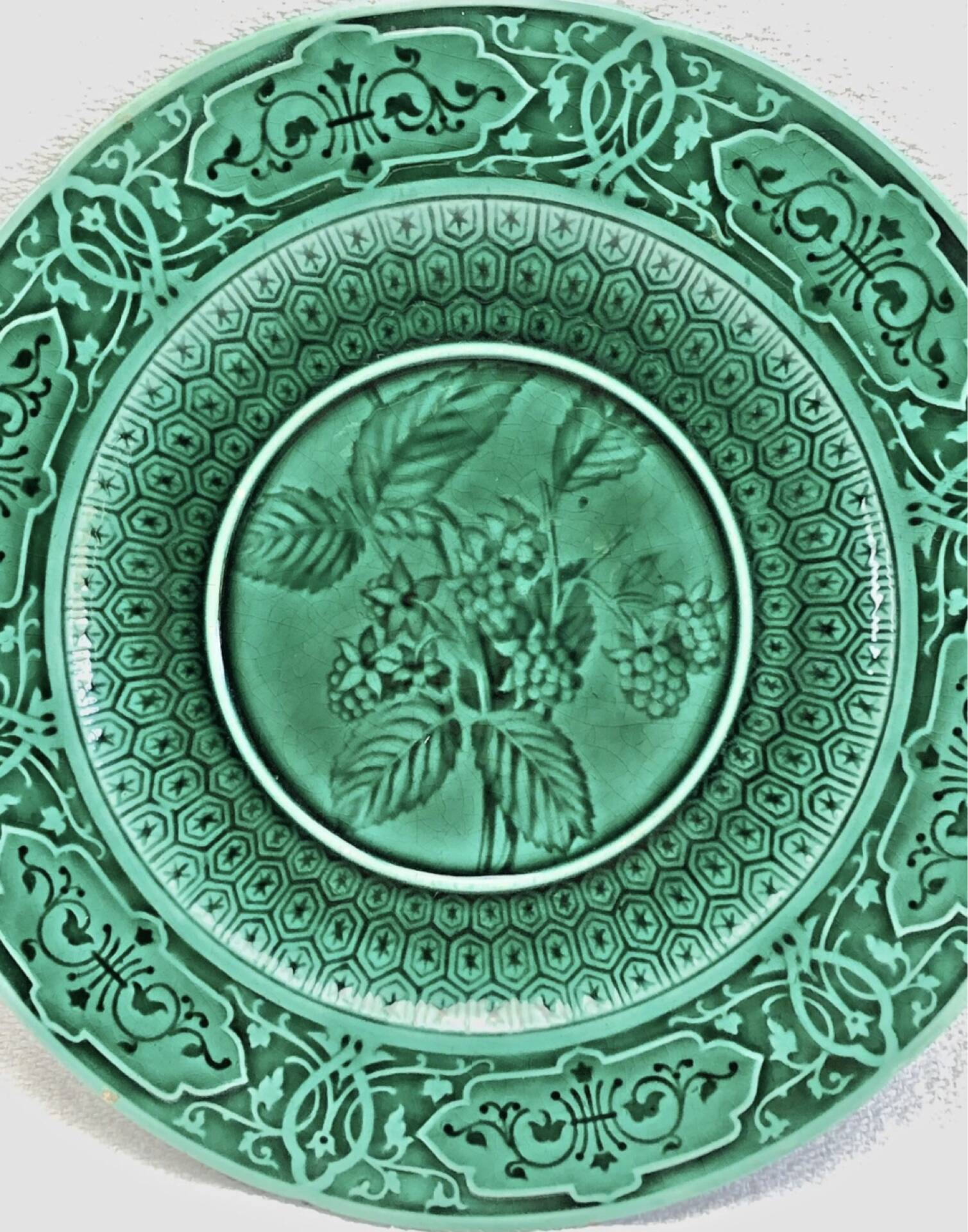 3 fruit plates Sarreguemines majolica shaded enamel Rubelles