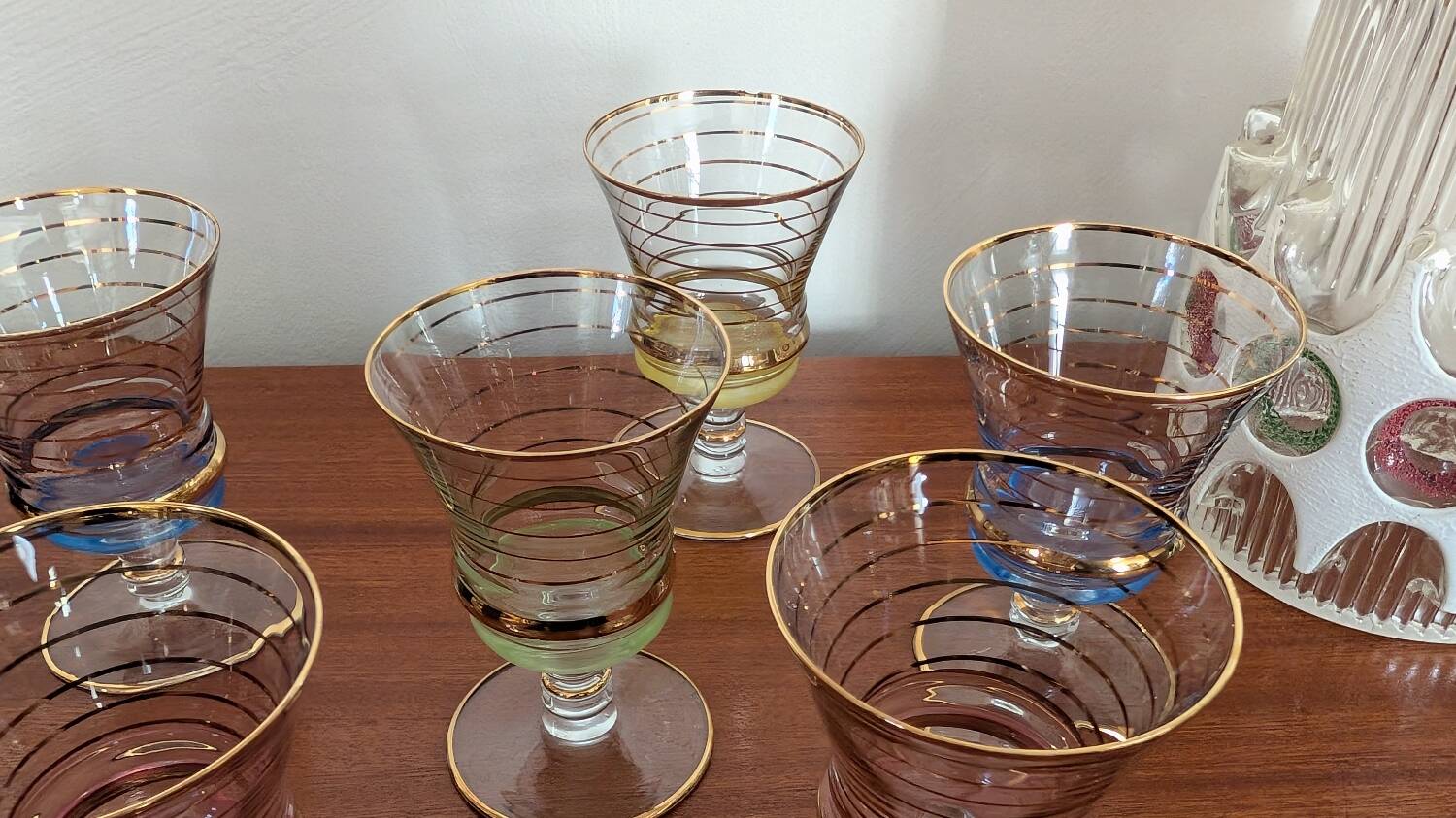 7 multicoloured stemmed glasses from the 1950s